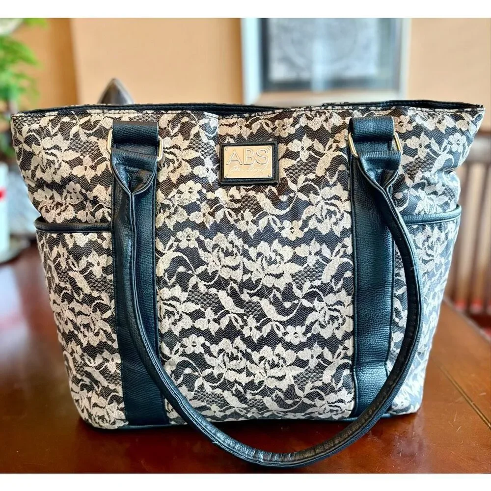 A.B.S./Allen Schwartz - Sweet Black & White Lace-Print Tote/Nylon. Large & Comfy